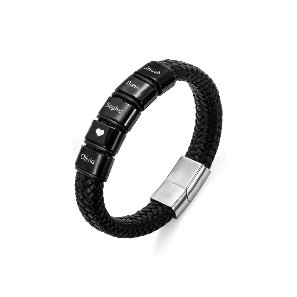 BYFDIY Pulsera de cuero de tejido de cuentas de cuentas para hombres personalizadas con 1-8 Nombre personalizado Nombre Carta Charda de acero inoxidable brazalete con nombre de familia regalo para padre
