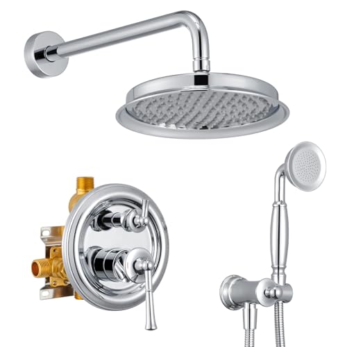 Image of Chrome Rain Shower Heads with Handheld Spray Combo, Rain Shower System with Balance Pressure Valve, 9 inch Bathroom Luxury Rain Fall Shower Head with Antique Handshower Wall Mount, (B2312-CP)