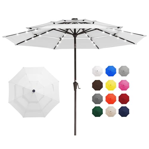 Image of JEAREY 3 Tiers Patio Umbrella with Solar Lights 9ft Outdoor Market Table Umbrellas with Push Button Tilt for Outside Pool Garden, Creamy-white