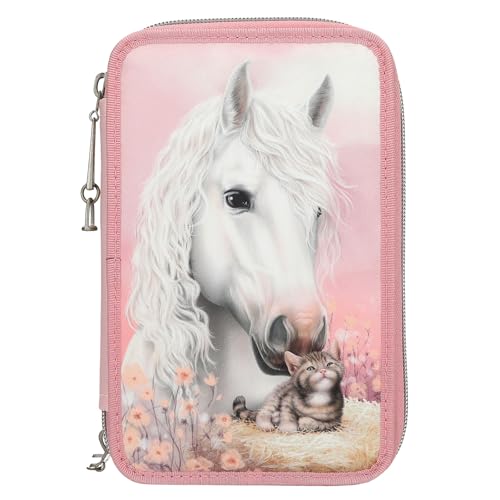 Depesche 13687 Miss Melody True Friends - Gefüllte 3-Fach Federtasche in Rosa mit Pferde Motiv und Katze Federmappe mit Buntstiften Schere Lineal UVM.