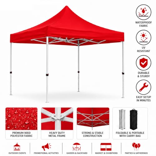 Image of Gazebo Tent Portable Popup Foldable Canopy 10x10 Ft Shelter for Event, Advertisement, Promotion, Exhibition, Market Stall, Waterproof Outdoor Gazebo Tent, Heavy Duty Frame (Red, 10 x 10 Ft)
