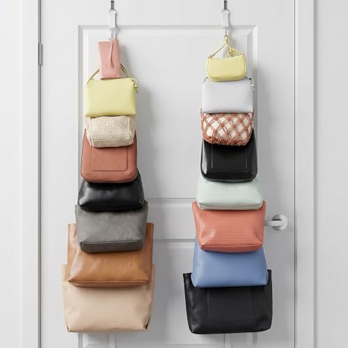 Jokari Purse Rack for Hats and Accessories Heavy Duty 16 Hook Over The Door Organizer. Adjustable Straps & Movable Velcro Hooks to Store Organize & Display Bags Scarves or Caps Saving Closet Space
