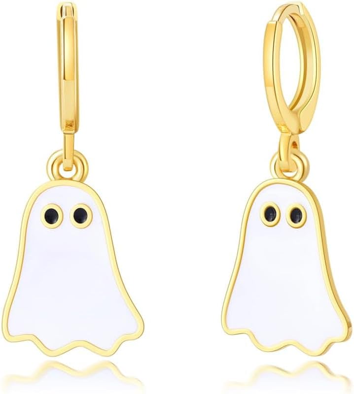 MALOYANVE Halloween Ghost Earrings for Women Gold Huggie and Black White Drop Earring Cute Funny Halloween Holiday Jewelry Gifts