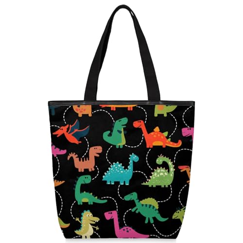 Colorful Cartoon Dinosaurs Canvas Tote Bag Portable Shopping Bags Reusable Shoulder Tote Bag with Zipper for Travel Shopping Campaign Gym