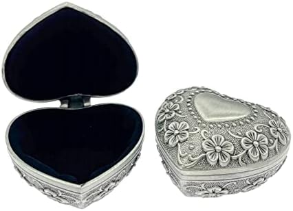 JZK 2x Metal velvet small trinket box with lid, Victorian style carved ring box, vintage heart shaped jewellery keepsake gift box small, earrings storage case