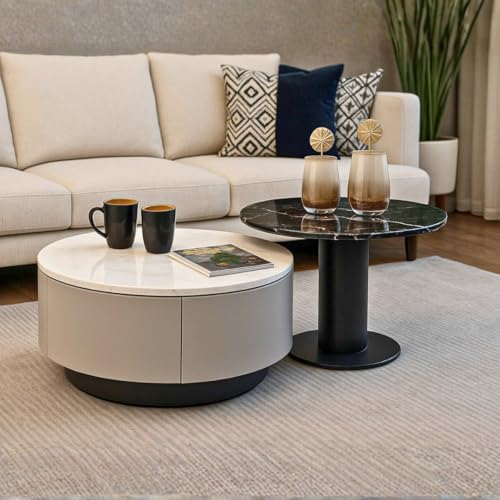 Image of Royaloak Lucca Italian Glass Coffee Table Set of Two | Tempered Glass with Marble Effect Surface & Cylindrical Base | Drawer Storage, Contrasting Side Design, Stylish Centre Table for Living Room