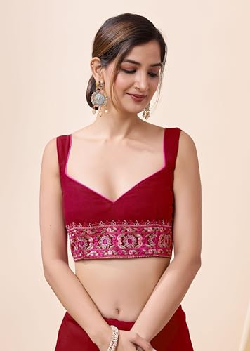 Image of TRENDMALLS Women's Vichitra Silk Heavy Embroidery With Siroski Stone Work Saree with Unstitch Blouse Piece For Women