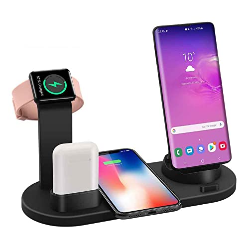 Charging Dock Stations - 4-in-1 Wireless Charging Pad, Rotating Plug Multi-Device Charger for Apple iPhone, AirPods, iWatch, Samsung Galaxy S20, and Other Qi-Enabled Devices, Black