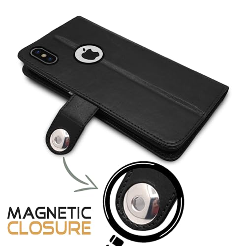 Image of Pikkme Flip Cover Leather Finish | Inside TPU with Card Pockets | Wallet Stand and Shock Proof | Complete Protection Button Flip Case for iPhone X /Xs (Black)