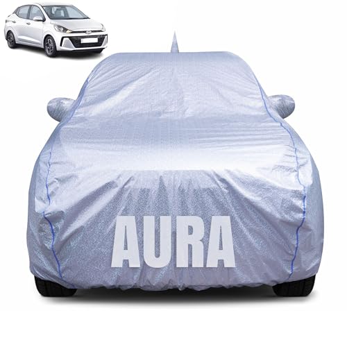 Image of 100% Waterproof Car Body Cover for Hyundai Aura (2020-2025) with Mirror Pocket, Heat & UV Resistant, Triple Stitched, Soft Lining, Bottom Elastic & Piping (Silver Reflective)