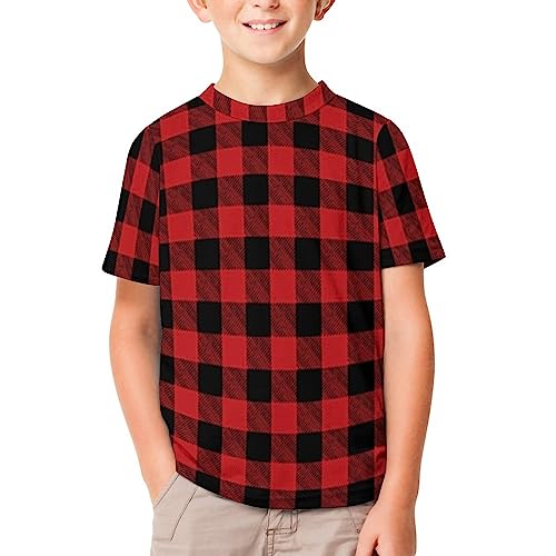 Red Buffalo Plaid Pullover T-Shirt for Boys Girls Short Sleeve Crewneck Shirts Casual Tee Top