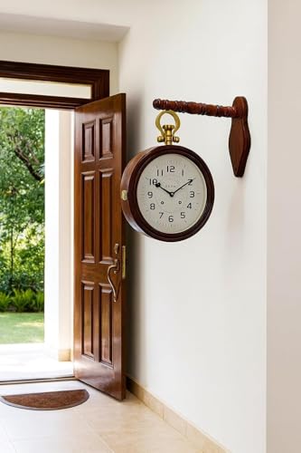 Image of Vintage Double-Sided Wall Clock, Antique Victorian Hanging Clock with Bracket, Silent Quartz Movement, Roman Numerals, Rustic Farmhouse Decor for Home & Office (Brass Antique)