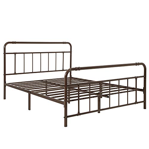 Image of VASAGLE Metal Headboard and Footboard, Pipe Frame, No Box Spring Needed Platform, Under-Bed Storage, Industrial Vintage Style, Queen Size, Brown URMB034BR