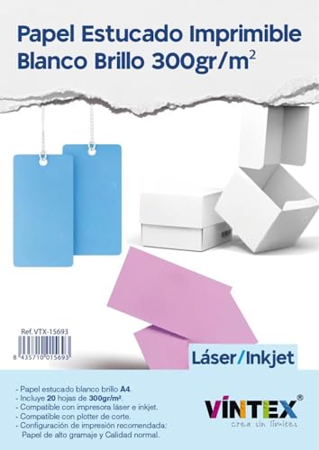 Vintex Papel Estucado Blanco Brillo A4, 300 gr/m², 20 Hojas, Compatible con Láser e Inkjet