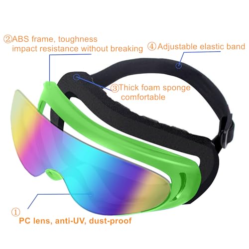 Image of LJDJ Motorcycle Goggles,2 Pack Dirt Bike ATV Motocross Riding Hiking Protective with 2 Pack Neck Breathable Bandana Mask (Green /Clear+Colorful Lenses)