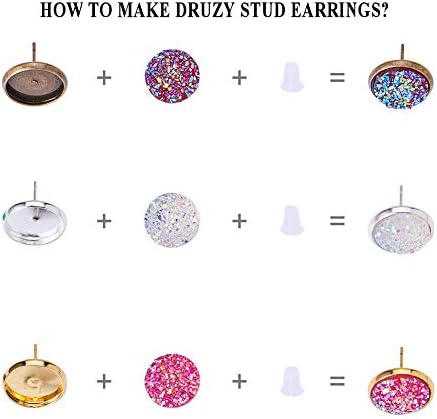 SUNNYCLUE 1 Box DIY 15 Pairs Druzy Stud Earrings Making Starter Kit - 6 Color 36pcs 12mm Flat Back Druzy Resin Cabochons, 3 Color 30pcs Blank Stud Bezel Earring Settings Post, Earnuts, Instruction