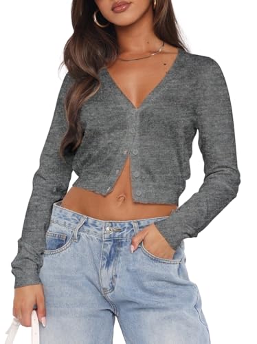Image of V Neck Sweater Women's Long Sleeve Cardigans Tops Open Front Button Sweaters Lightweight Lady Jackets Trendy Outwear Coats Crop Shirt Dark Grey 2XL