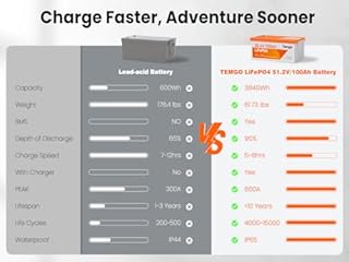 TEMGO 36V100Ah LiFePO4 Golf Cart Battery: LCD Display & Bluetooth, 200A BMS 600A Peak Power, 7.68kW Power Output, IP65, Low Temp Protection Lithium Battery for RV,Camping (46.2V20A Charger Included)
