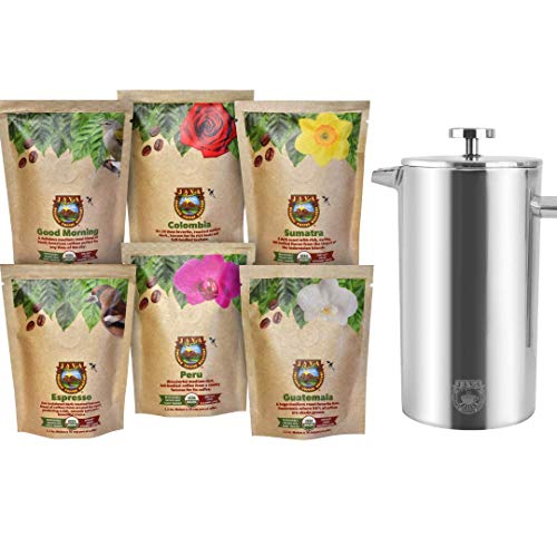 Java Planet - Coffee Gift Set - Organic Whole Bean Gourmet Coffee - Specialty Craft Roasted Arabica Beans - 6 Coffee Sampler & 1 French Pressâ€¦
