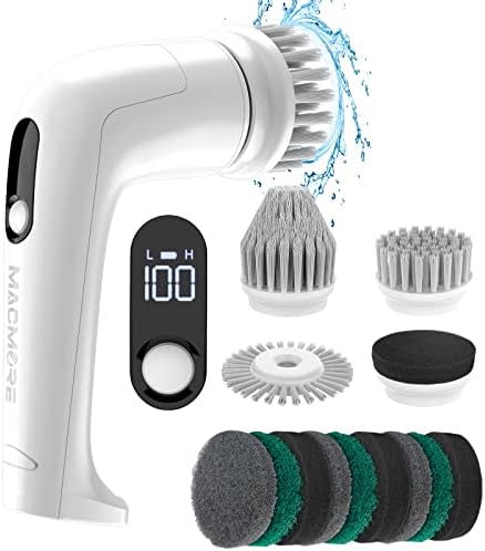 MACMORE Electric Spin Scrubber, Cordless Shower Scrubber with 4 Replaceable Cleaning Heads & 9 Scouring Pads, Dual Speeds, Electric Cleaning Brush for Bathroom, Tub, Tile, Floor, Grout, Car