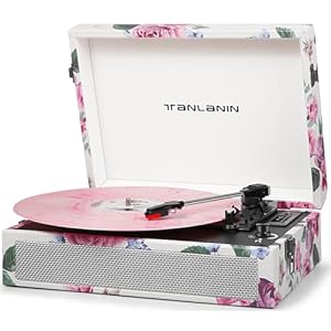 Vintage 3-Speed Record Player with Built-in Speakers, Retro LP Vinyl Player Portable Turntable with USB Recording, Bluetooth Playback, RCA/AUX/Headphone Jack, Rose Floral