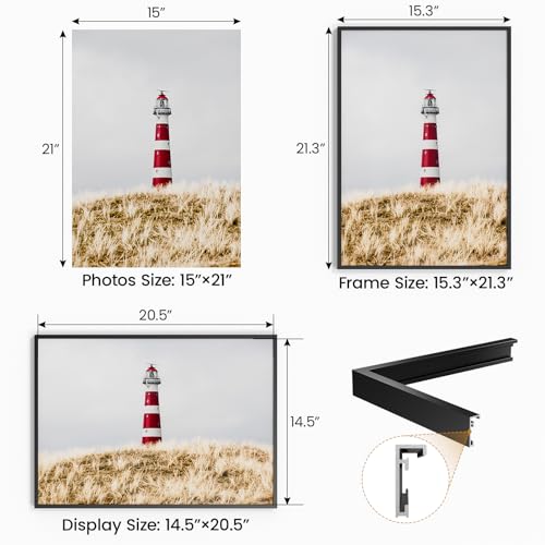 Image of 15x21 Aluminum Metal Picture Frame,Tempered Glass Black 15 x 21 Poster Frame for Puzzles Photos or Artwork for Wall Gallery Mount Horizontal or Vertical Decor Home,Office,Hotel