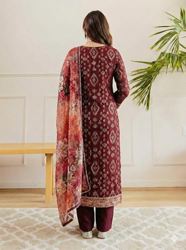 Image of GoSriKi Kurta Sets for Women Viscose Printed | Kurti Set for Woman | Straight Kurta Pant Dupatta Set | 3 Piece Set Women | Round Neck 3 /4 Sleeve Regular Fit Stylish Ethnic Outfit Clothing