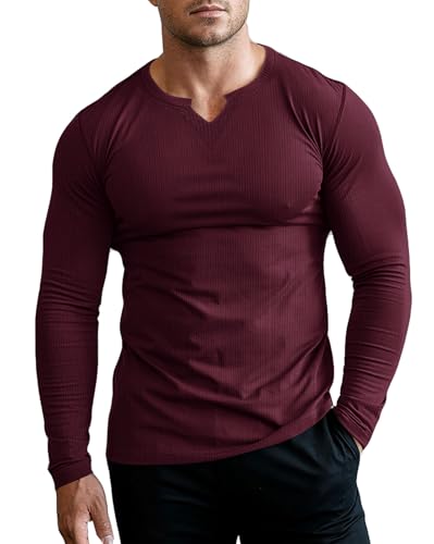 Muhshoiy Hombres Ajustado Manga Larga Henley Camiseta Casual Cuello Pico Camisetas Basic Músculo T-Shirt Color Sólido Camiseta con Estilo De Negocios Top Rojo/XL