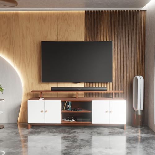 Image of Modern TV Unit for Living Room | Wooden TV Cabinet with Open Shelf & Storage | Entertainment Unit | Assembly-DIY | Color-Cherry Pine & White