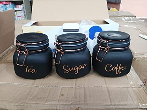 Image of DC Green Kivi PACK OF 3 ,Black Color Glass containers ,Tea, Coffee & Sugar printed on it ,Capacity 800 ml With Air Tight Cap