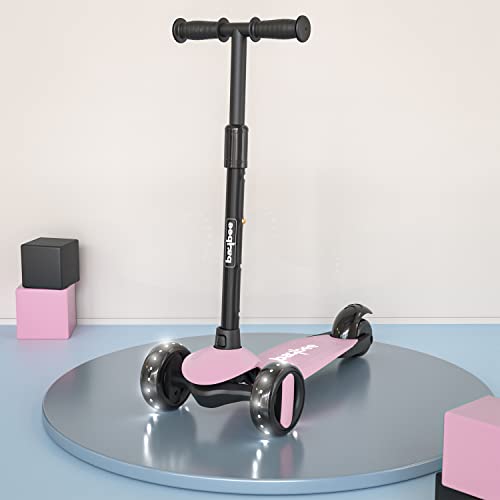 Image of Baybee Alpha-Glide 3 Wheel Scooter for Kids - Foldable & Height Adjustable Handle, LED PU Wheels & Brake - Ages 2-10 Years (Light Pink)