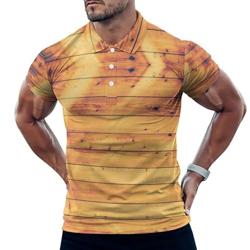Polo de golf pour homme à manches courtes avec imprimé grain de bois brillant et coupe sèche