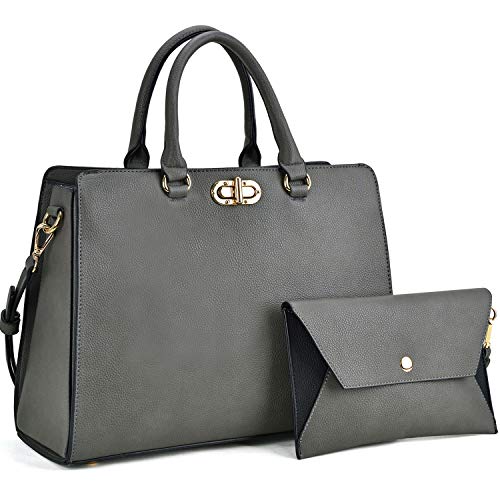Dasein Women Handbags Fashion Satchel Purses Top Handle Tote Work Bags Shoulder Bags with Matching Clutch 2pcs Set (Peppled grey)