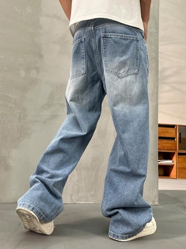 Image of Lymio Jeans for Men | Loose Fit Baggy Denim Pants | Mens Stylish Light Blue Wide Leg Vintage Washed Trousers | Casual Button Front Classic Pocket Styling Comfortable Streetwear Pant (LU-76-77)