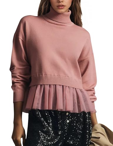 MISSACTIVER Women’s Turtleneck Patchwork Peplum Sweater Cute Flowy Ruffle Hem Babydoll Knit Pullover Sweater Fall Outfit