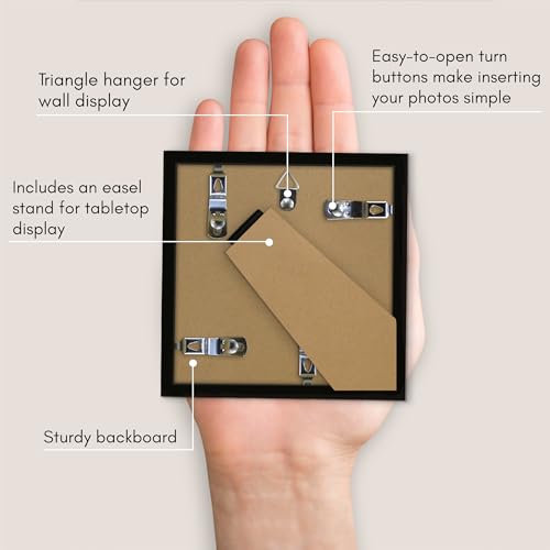 Americanflat 4x4 Picture Frame with Shatter-Resistant Glass - Streamline Collection - Thin Border Square Frame for Tabletop and Wall Display - Hanging Hardware and Easel Stand Included - Black