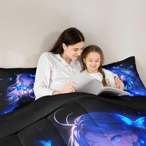 Image of Erosebridal 3D Japanese Girl Kids Comforter Set | Blue Butterfly Decorations Bedding King,Cartoon Down Comforter Anime Gifts for Her Duvet Set for Bedroom
