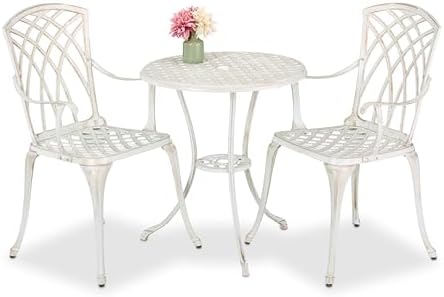 Relaxdays Terrace Table and Chairs, Outdoor Garden Set, Cast Aluminum, Antique Balcony Furniture, White/Bronze Relaxdays Terrace Table and Chairs, Outdoor Garden Set, Cast Aluminum, Antique Balcony Furniture, White/Bronze