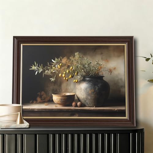Image of Framed Vintage Olive Branch Still Life Canvas Wall Art, Rustic Pottery Vase Oil Painting Canvas Prints Pictures, Farmhouse Kitchen Wall Decor for Living Room Bedroom Dining Room