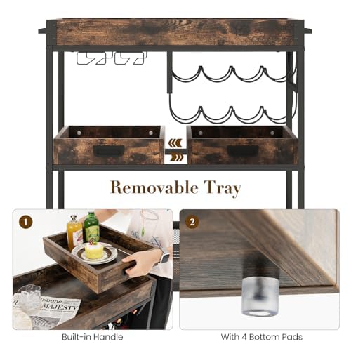 Chariot de service roulant à 3 étages avec plateau amovible, casier à vin et roues verrouillables – Idéal pour le rangement et l'organisation du bar à domicile