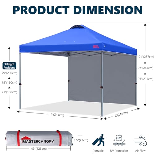 Image of MASTERCANOPY 8x8 Durable Pop Up Canopy Tent with 1 Sidewall, Blue