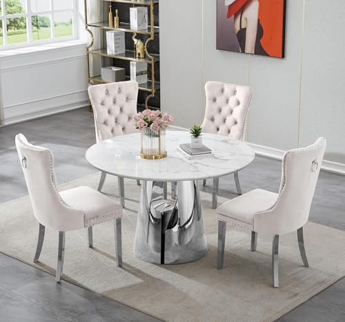 Image of 5-Piece Round Dining Table Set for 4, Modern Faux Marble Kitchen Table and Beige Velvet Chairs Set of 4, Luxury 45 inch Circle White Silver Dining Room Tables with Stainless Steel Base
