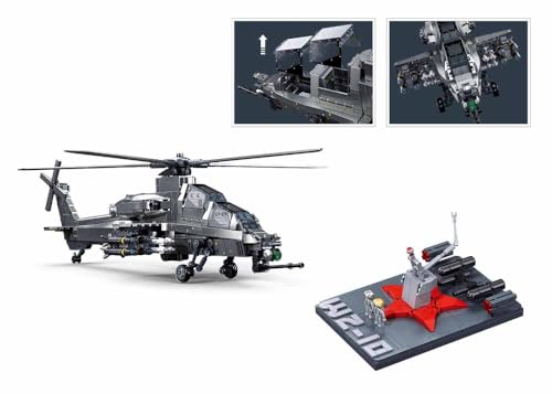 Military Attack Helicopter Building Block Set, 44.1 cm Model with Display Stand, Grey, 2 Pilot Minifigures, M38-B1233 - Image 4