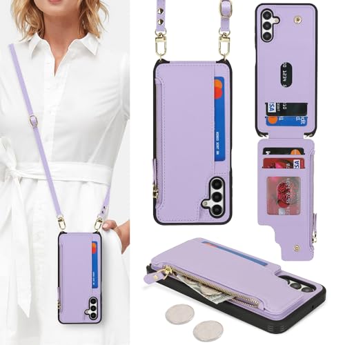 Étui portefeuille Samsung A15 5G avec fermeture éclair et bandoulière amovible violette