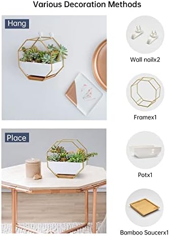 Succulent Planters 7×3.5 Inch Decorative Ceramic Flower Plant Pots with Metal Holder Hanging and Place Dual-Purpose Garden Planter Pot with Drainage and Saucer for Indoor Home Office Desktop