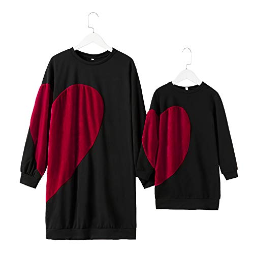PopReal Family Matching Clothing Mom Girl Velvet Big Red Heart Pattern Matching Dress,Black-heart,Small