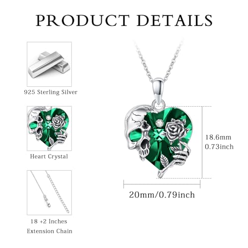 Image of S925 Sterling Silver Skull Pendant Necklace Heart Crystal Birthstone Skull Necklace Gothic Jewlery Gifts