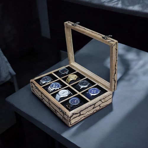 Image of Vintage Wooden Watch Box for Men, Timepiece Storage & Organizer, Watch Display Case, Jewelry Box for Women, Anniversary Gift for Husband (8 Grooves Fractal (Antique Wood))