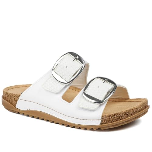 Image of Wide Fit Buckle Detail Comfort Sandals - White Size 6