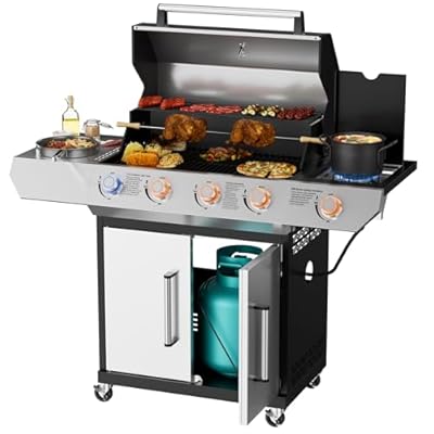 SKOK Led 4-Burner Gas BBQ Grill with Side Burner, Barbecue Grill with Porcelain-Enameled Cast Iron Grates, 60,000 BTU Stainless Steel Propane Grill 629 Sq. In. Grilling Area